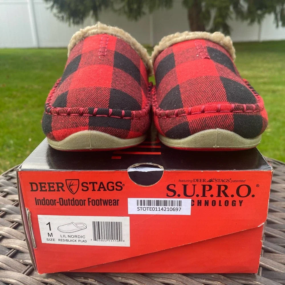 NWT/ NIB Deer Stags Kid's Lil Nordic Buffalo Plaid Faux Shearling Slippers (1)